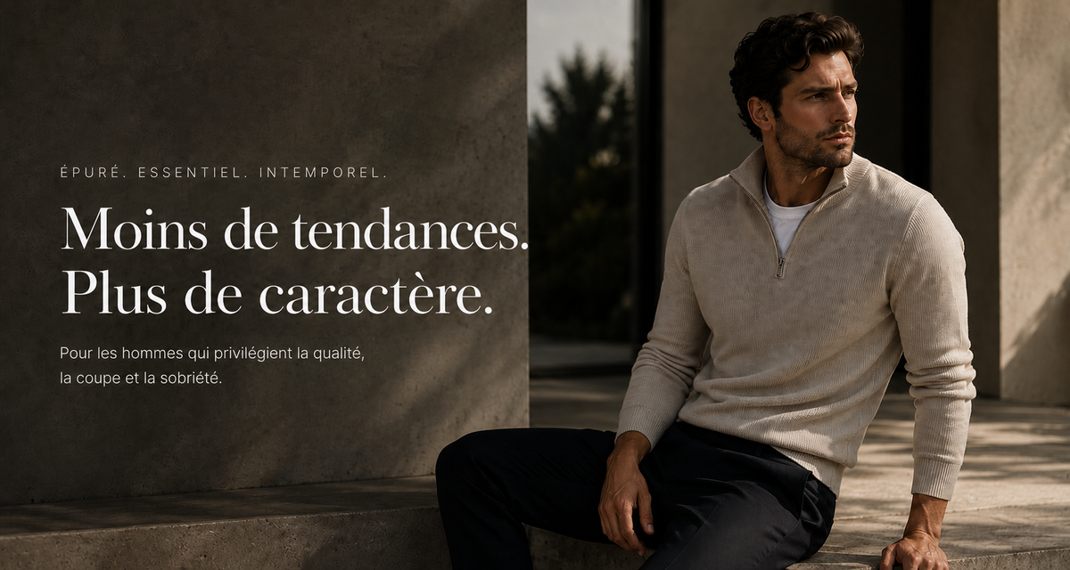 Valdry : épuré, essentiel, intemporel. Moins de tendances, plus de caractère. Pour les hommes qui privilégient la qualité, la coupe et la sobriété.